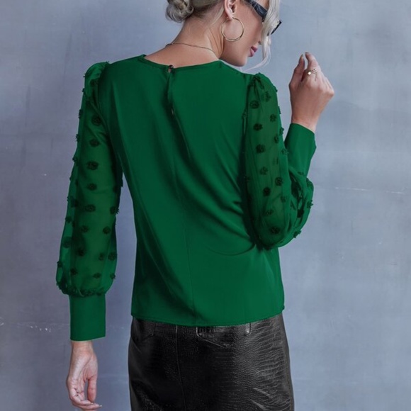 Navy blue Swiss Dot Sheer Sleeve Chic Blouse Work Minimalist - Picture 7 of 8